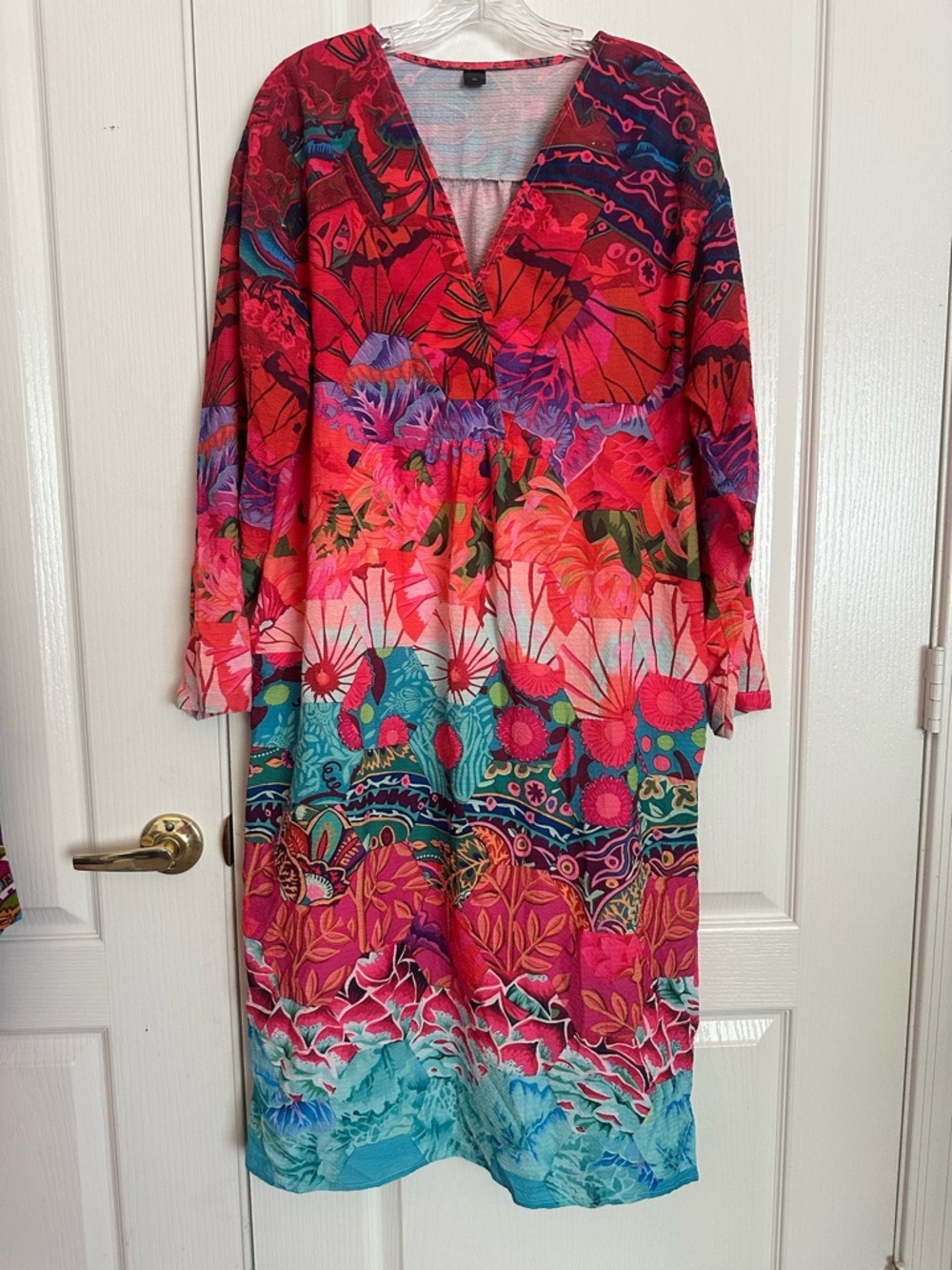 Vibrant Floral Long-Sleeve V-Neck Midi Dress - Pink & Teal